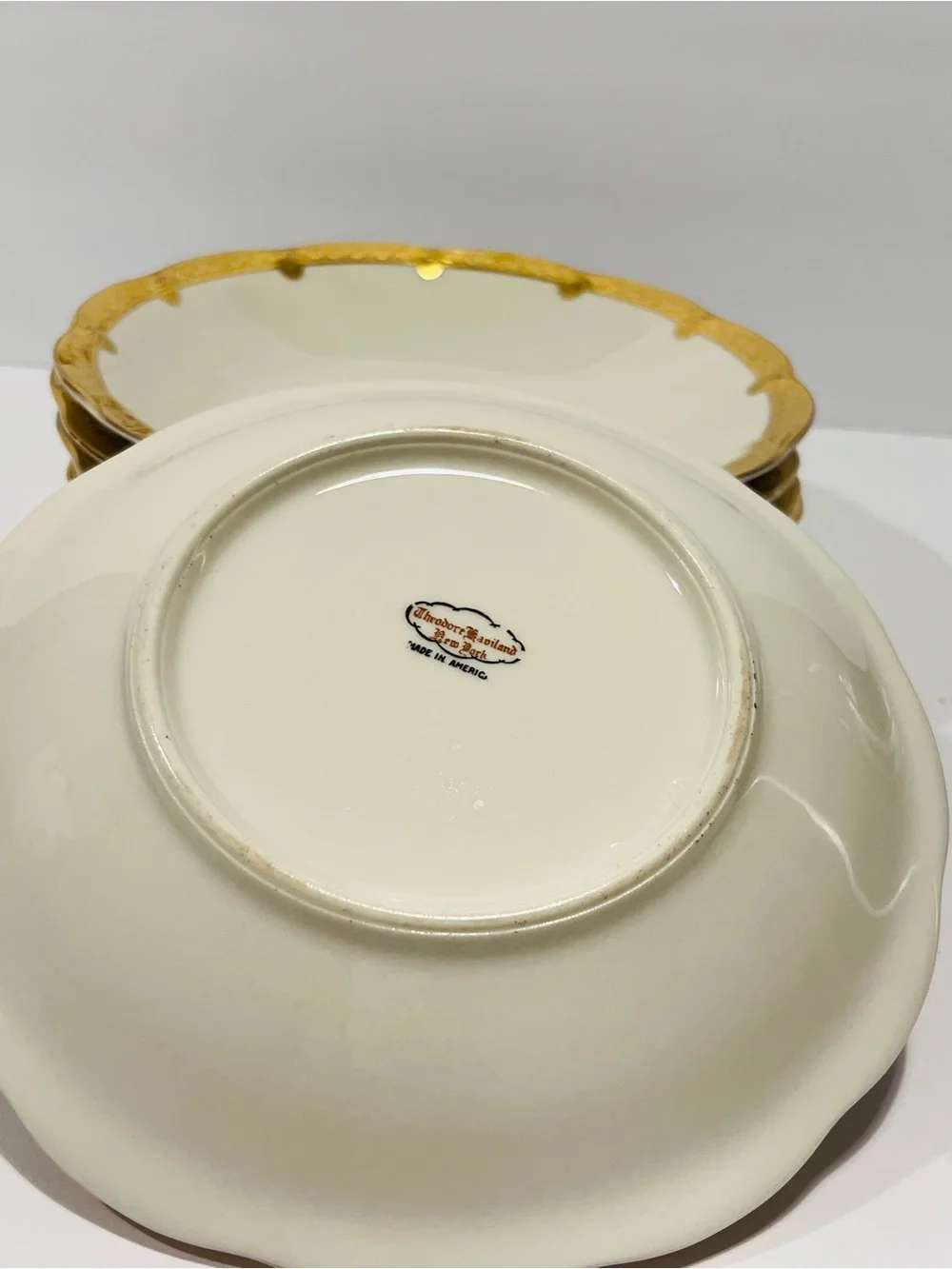 Antique Theodore Haviland New York Made in America Gold Encrusted 6 Soup Plates
